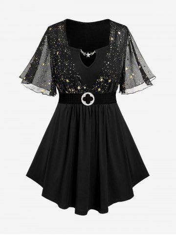 Plus Size Star Print Chain Panel Belted Short Sleeve T-Shirt - BLACK - M | US 10