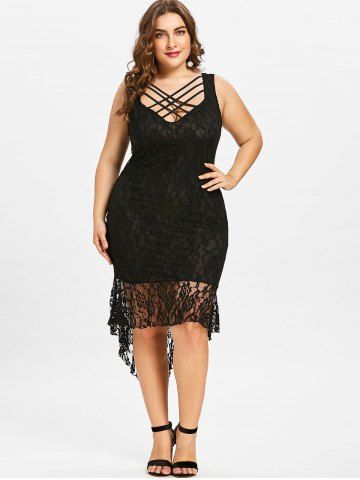 Plus Size Crisscross Strappy Floral Lace Bodycon Dress - BLACK - 1X | US 14-16