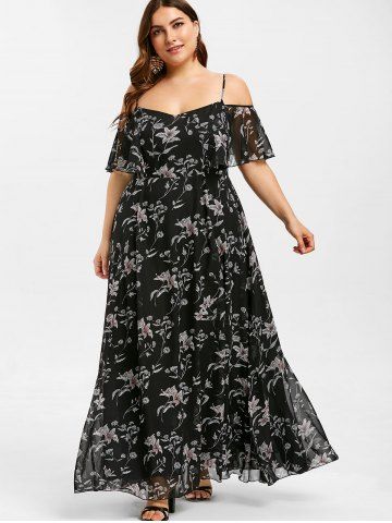 Plus Size Cold Shoulder Flower Printed Dress - BLACK - L | US 12