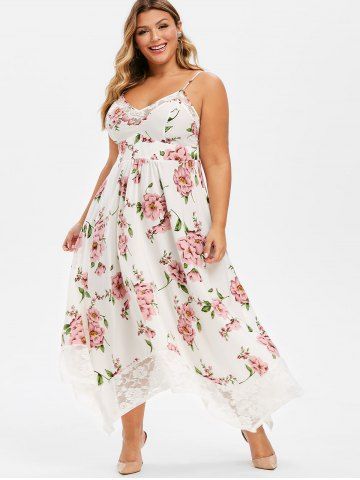 Plus Size Flower Print Lace Panel Asymmetrical Dress - WHITE - L | US 12