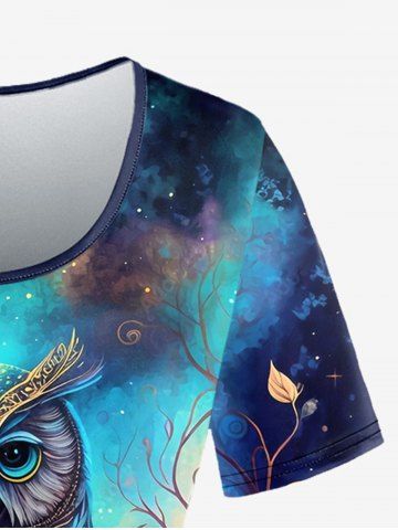 Galaxy Owl Branch Print Short Sleeves T-shirt and Capri Leggings Plus Size Outfits