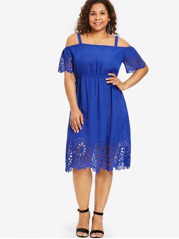 Plus Size Cold Shoulder Hollow Out Dress - BLUE - L | US 12