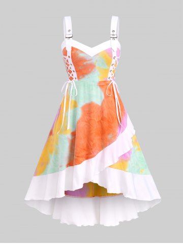 Plus Size Lace Up Tie Dye Ruffles Asymmetric Dress
