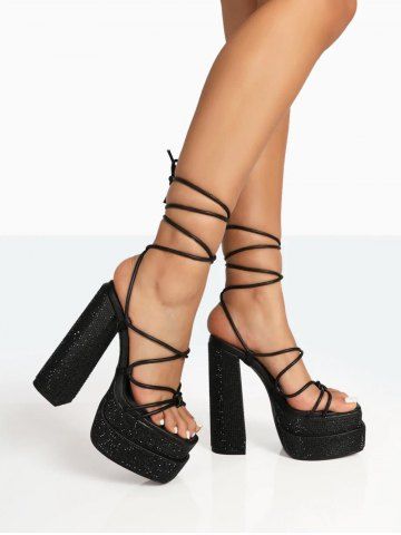 Women's Strappy Rhinestone Decor Ankle Wrap Lace Up Stacked Platform Sky High Chunky Heeled Sandals - BLACK - EU 38