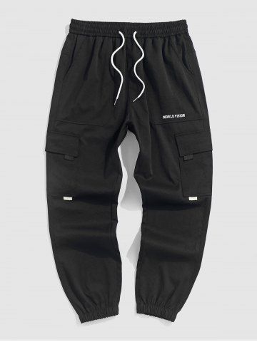 Men's Streetwear Multi-pockets Design WORLD VISION Letter Printed Casual Drawstring Beam Feet Casual Cargo Pants - BLACK - M