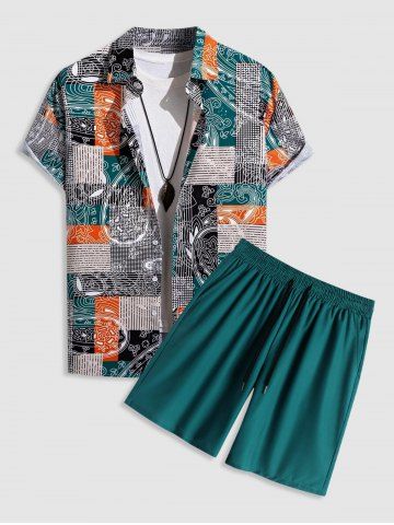 Men's Ethnic Striped Checks Floral Print Pattern Block Short Sleeves Shirt Drawstring Basic Shorts Set - DEEP GREEN - L