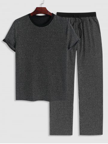 Men's Glitter Silver Metallic Yarn Textured Ribbed Short Sleeves T Shirt With Drawstring Straight Leg Pants Two Piece Set - BLACK - XXL