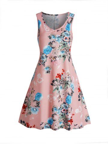 Flower Print Sleeveless V Neck Vacation Tank Dress - LIGHT PINK - XL