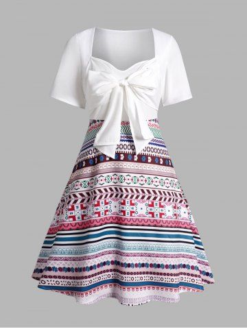 Tribal Geometric Floral Print Bowknot Short Sleeve Mini Dress - WHITE - S