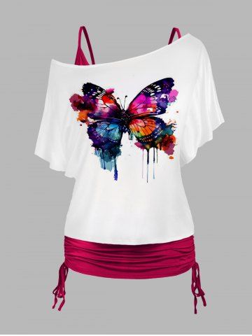 Plus Size Colored Butterfly Print T Shirt And Plain Cinched Ruched Long Tank Top Colorblock Set - RED - 3X