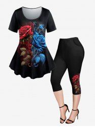 Plus Size Flower Leaves Printed Short Sleeves T-shirt and Pockets Capri Leggings Outfit -  