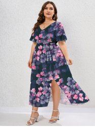 Plus Size Floral Leaves Print Split Dress -  