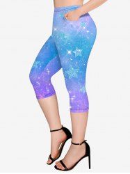 Plus Size Galaxy Star Glitter Ombre Print Pockets Capri Leggings -  