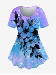 Plus Size Galaxy Ombre Star Glitter Flower Print T-shirt -  