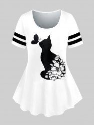Plus Size Cat Butterfly Flower Print T-shirt -  