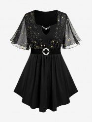 Plus Size Star Print Chain Panel Belted Short Sleeve T-Shirt -  