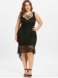 Plus Size Crisscross Strappy Floral Lace Bodycon Dress -  