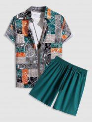 Men's Ethnic Striped Checks Floral Print Pattern Block Short Sleeves Shirt Drawstring Basic Shorts Set -  