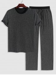Men's Glitter Silver Metallic Yarn Textured Ribbed Short Sleeves T Shirt With Drawstring Straight Leg Pants Two Piece Set -  