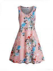Flower Print Sleeveless V Neck Vacation Tank Dress -  