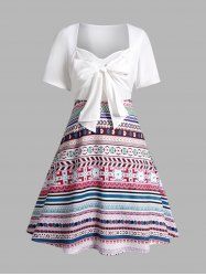 Mini-Robe à Manches Courtes à Imprimé Floral et Nœud Style Tribal - Blanc L