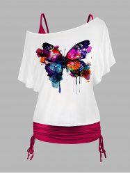 Plus Size Colored Butterfly Print T Shirt And Plain Cinched Ruched Long Tank Top Colorblock Set -  