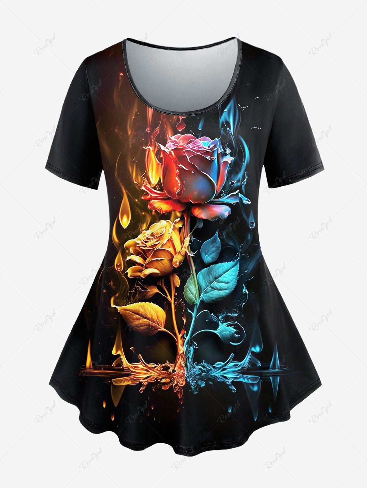 T-shirt Fleur Flamme Imprimé à Manches Courtes de Grande Taille Noir L