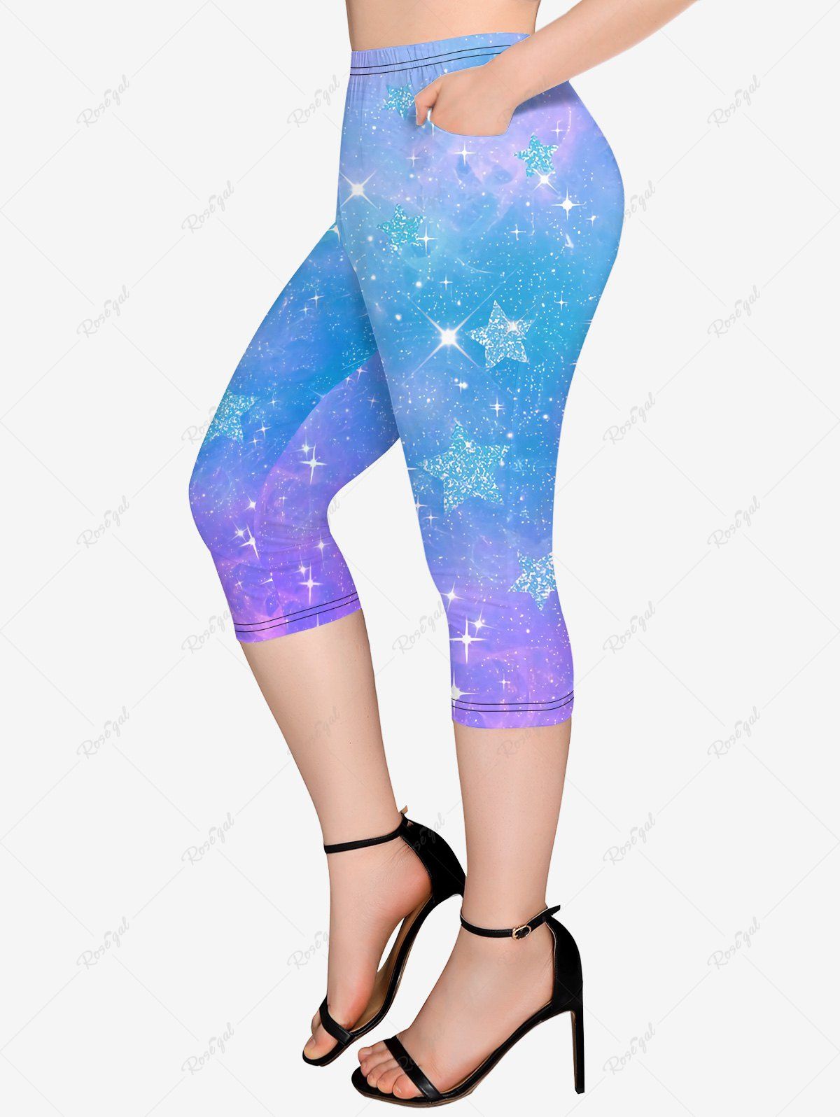 Chic Plus Size Galaxy Star Glitter Ombre Print Pockets Capri Leggings  