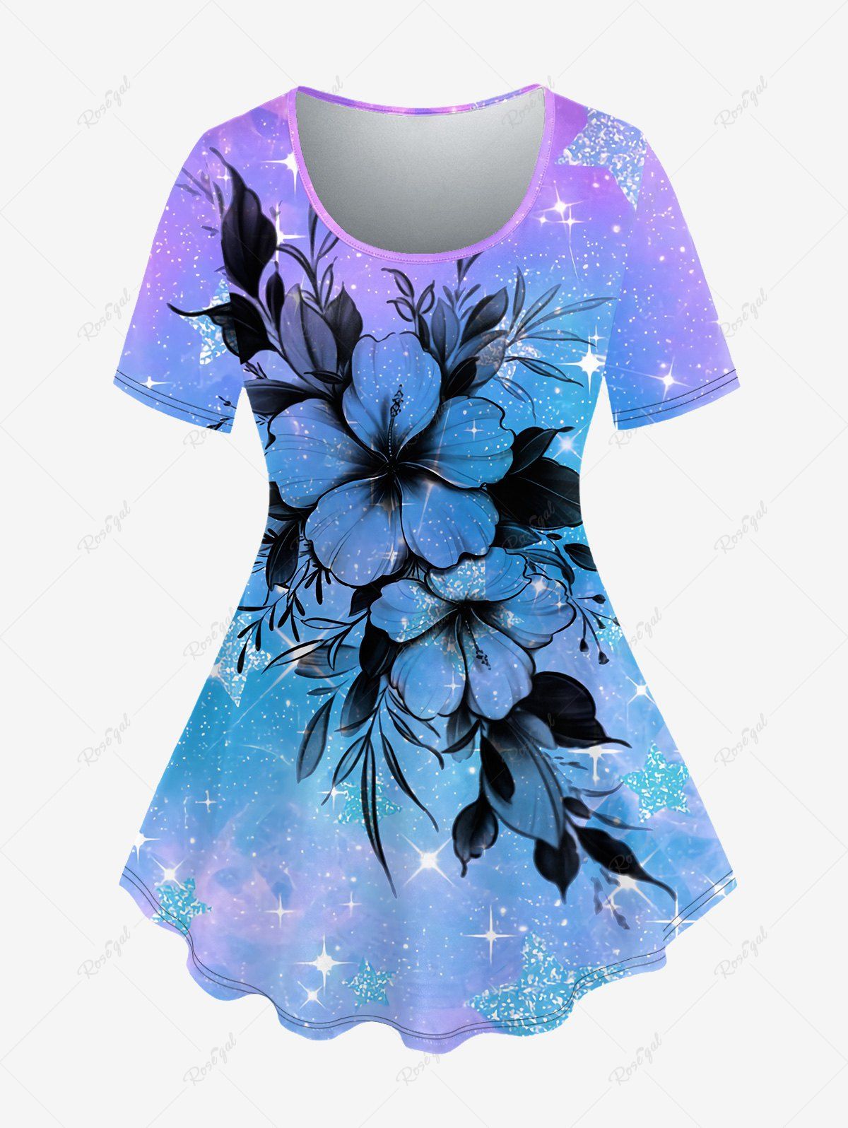 Hot Plus Size Galaxy Ombre Star Glitter Flower Print T-shirt  