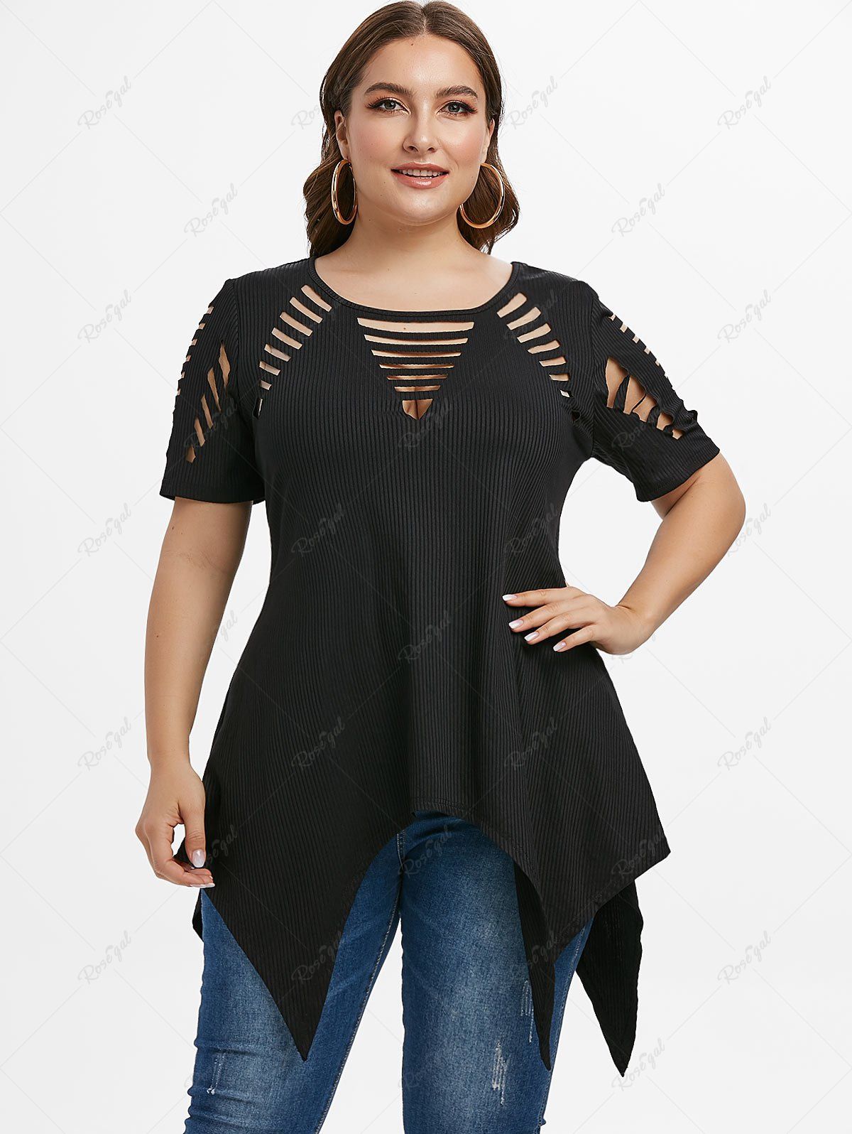 Latest Plus Size Hollow Out Handkerchief  Short Sleeves T-Shirt  