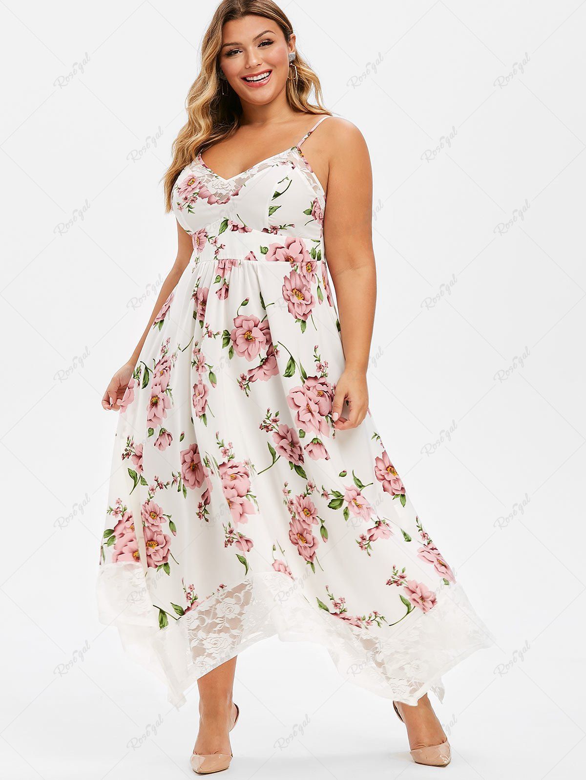 Latest Plus Size Flower Print Lace Panel Asymmetrical Dress  
