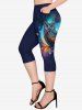 Galaxy Owl Branch Print Short Sleeves T-shirt and Capri Leggings Plus Size Outfits -  
