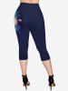 Galaxy Owl Branch Print Short Sleeves T-shirt and Capri Leggings Plus Size Outfits -  