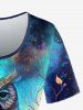 Galaxy Owl Branch Print Short Sleeves T-shirt and Capri Leggings Plus Size Outfits -  