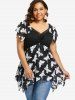 Plus Size Butterfly Print Hollow Out Neck Ruched T-shirt -  