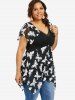 Plus Size Butterfly Print Hollow Out Neck Ruched T-shirt -  