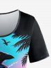 Plus Size Moon Cloud Bird Tree Print T-shirt -  