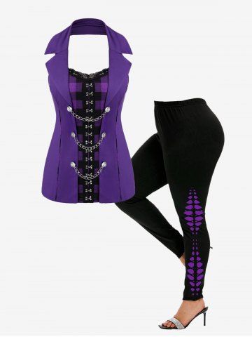 Gothic Plaid Buckle Chains Lace Trim Top and Skeleton Printed Leggings Outfit - PURPLE