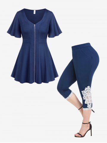 Zipper Short Sleeves T-shirt and Lace Panel Capri Leggings Plus Size Outfits - DEEP BLUE