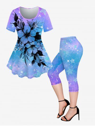 Galaxy Ombre Star Glitter Flower Printed T-shirt and Pockets Capri Leggings Plus Size Matching Set - LIGHT PURPLE