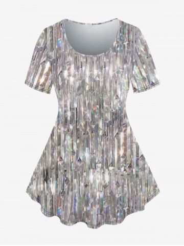 Plus Size Sparkling Sequin Print Short Sleeves T-shirt - SILVER - XS