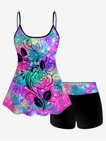 Galaxy Glitter Flower Print Boyleg Tankini Swimsuit (Adjustable Shoulder Strap)