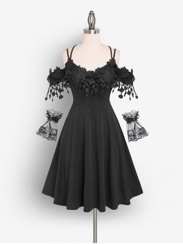 Guipure Lace Applique Tassel Crisscross Cold Shoulder Dress And Shading Lace Flower Pattern Wrist Gloves Gothic Outfit - BLACK