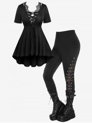Lace Panel Lace-up High Low Top And Lace Panel Lace-up Skinny Pants Gothic Outfit