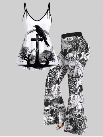Bird Cross Tree Print Cami Top And 3D Skull Skeleton Bat Print Flare Pants Gothic Outfit