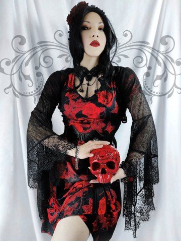 Gothic Skull Rose Print A Line Tee Dress - RED - S | US 8