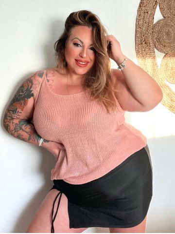 Plus Size See Thru Knitted Tunic Top - LIGHT PINK - M