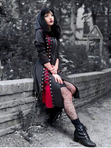 Hooded Lace Up Grommets Colorblock Gothic Coat