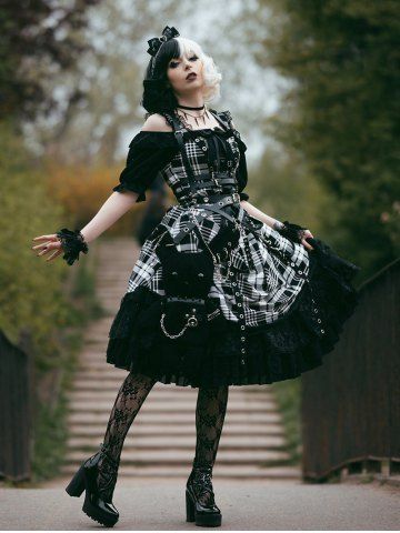 Plus Size Vintage Grommets Lace Up Plaid Flare Dress - BLACK - M | US 10