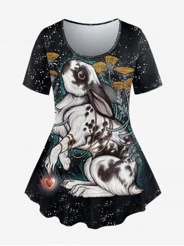Gothic Rabbit Heart Flower Sparkling Sequin Print T-shirt - BLACK - 2X